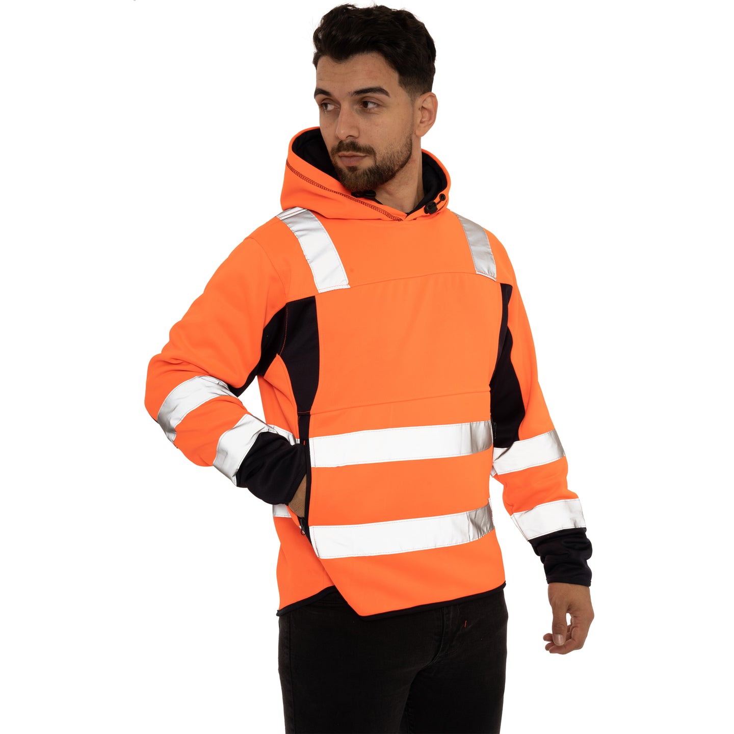 High Vis 2 Side Long Pockets Pullover Hoodie - Orange / Navy