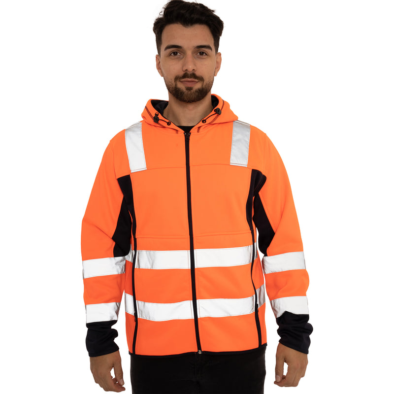 High Vis 2 Side Long Pockets Zipper Hoodie - Orange / Navy
