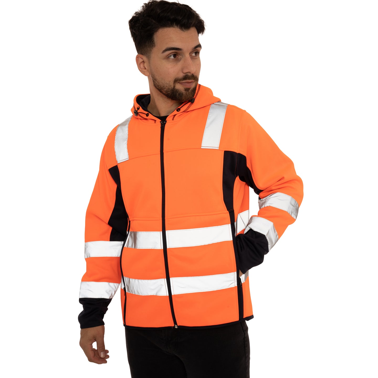 High Vis 2 Side Long Pockets Zipper Hoodie - Orange / Navy