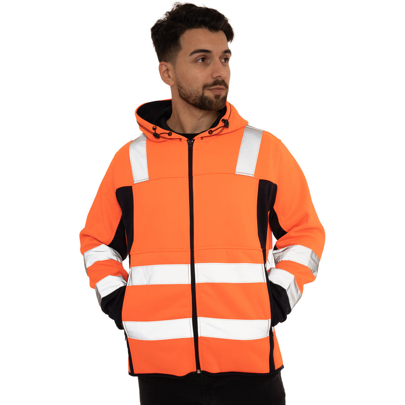 High Vis 2 Side Long Pockets Zipper Hoodie - Orange / Navy
