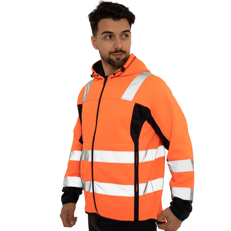 High Vis 2 Side Long Pockets Zipper Hoodie - Orange / Navy