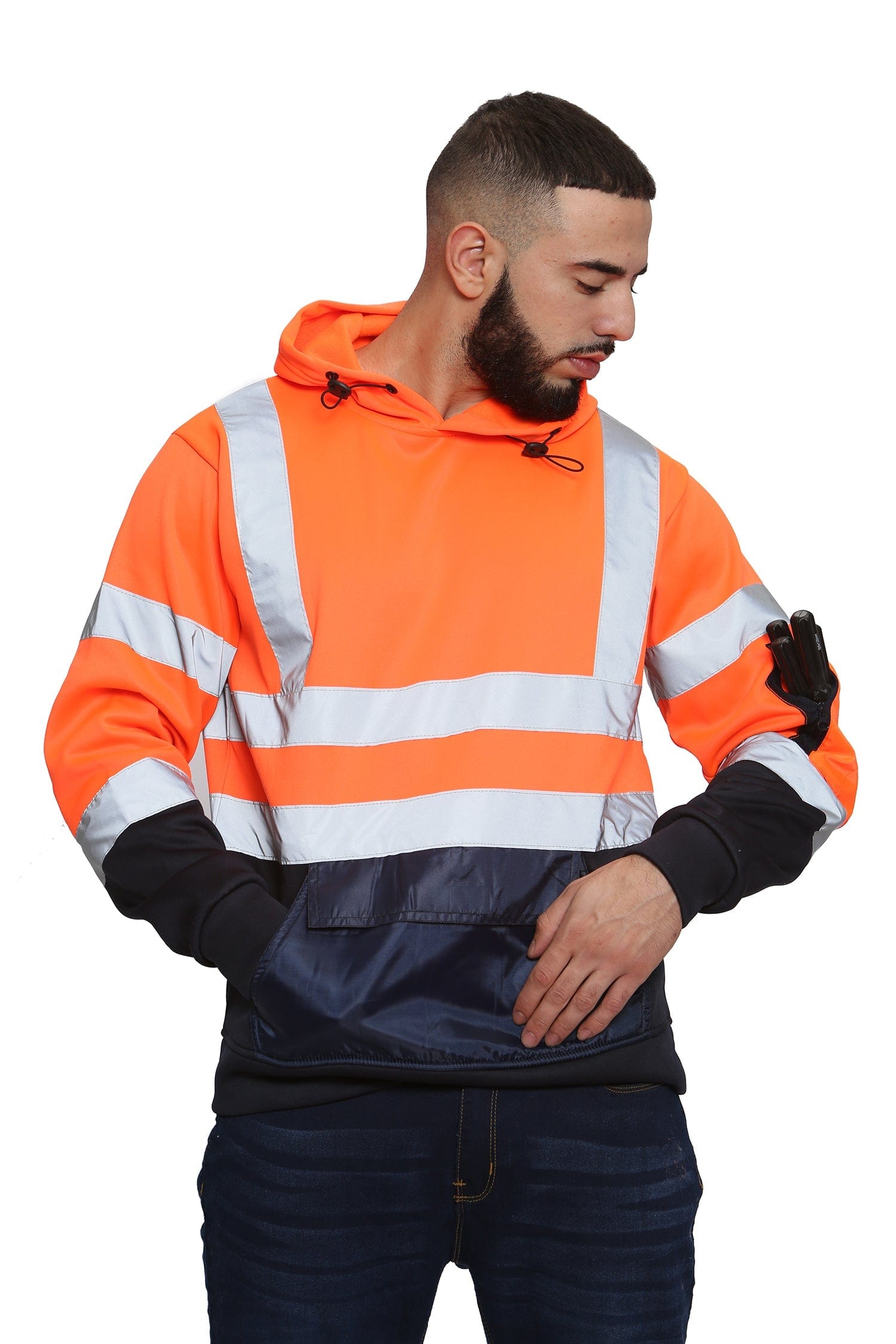 Aviator London Hi Vis Hoodie High Vis 3 Flap Pockets Pullover Hoodie - Orange/Navy