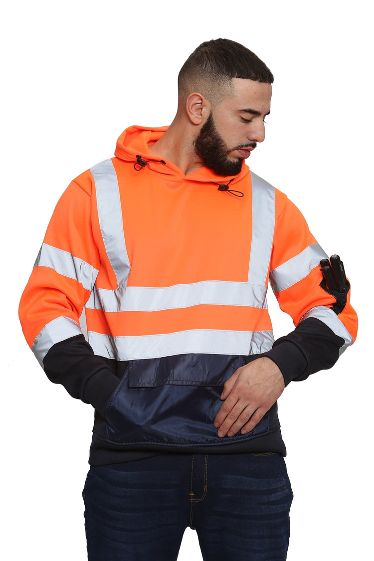 Aviator London Hi Vis Hoodie High Vis 3 Flap Pockets Pullover Hoodie - Orange/Navy