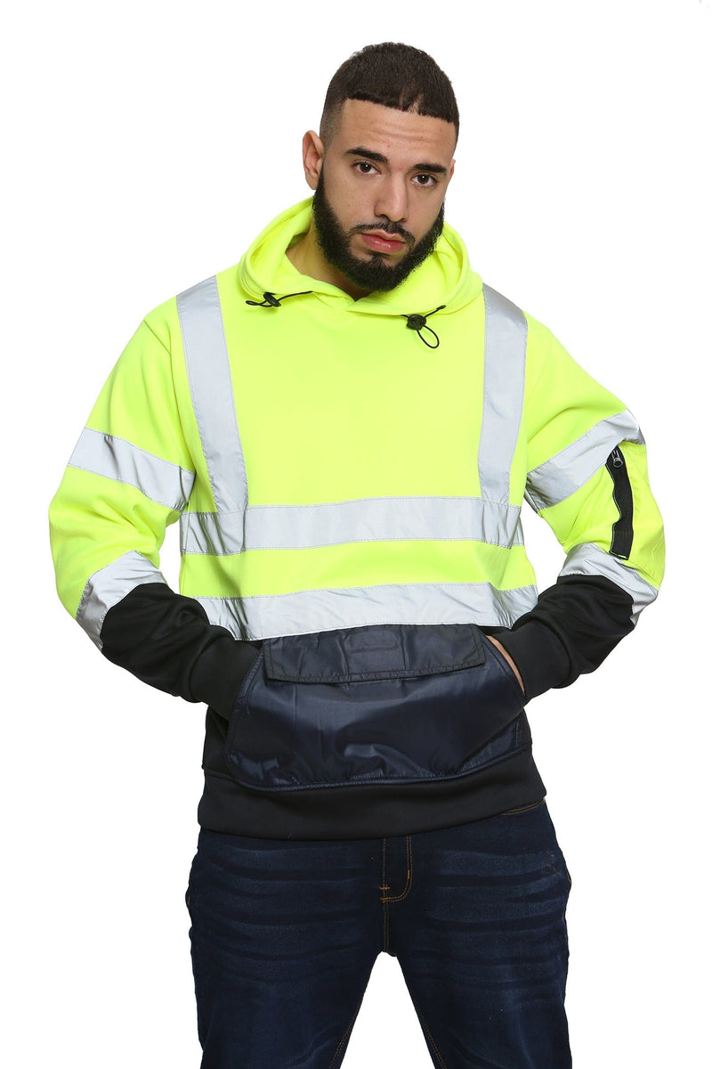 Aviator London Hi Vis Hoodie High Vis 3 Flap Pockets Pullover Hoodies - Yellow/Navy