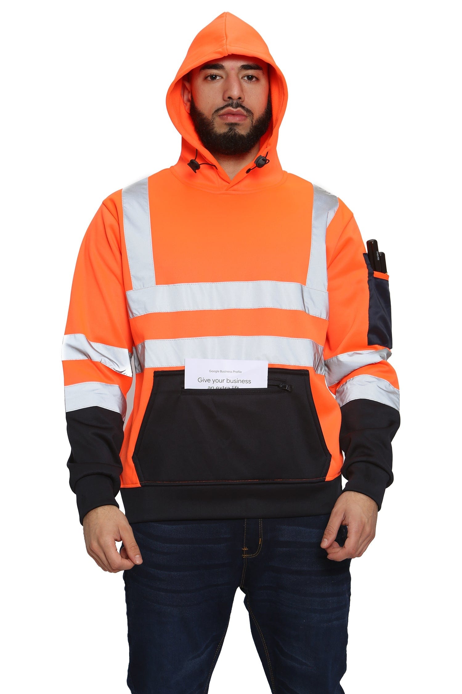 Aviator London Hi Vis Hoodie High Vis 3 Zip Pockets Pullover Hoodies - Orange/Navy