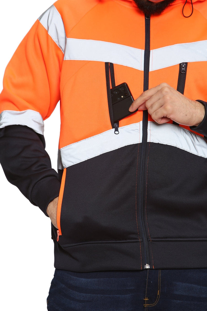 Aviator Work Wear High Vis EN ISO 20471 Class 3 - Orange/Navy 4 Pockets Zipper Hoodie