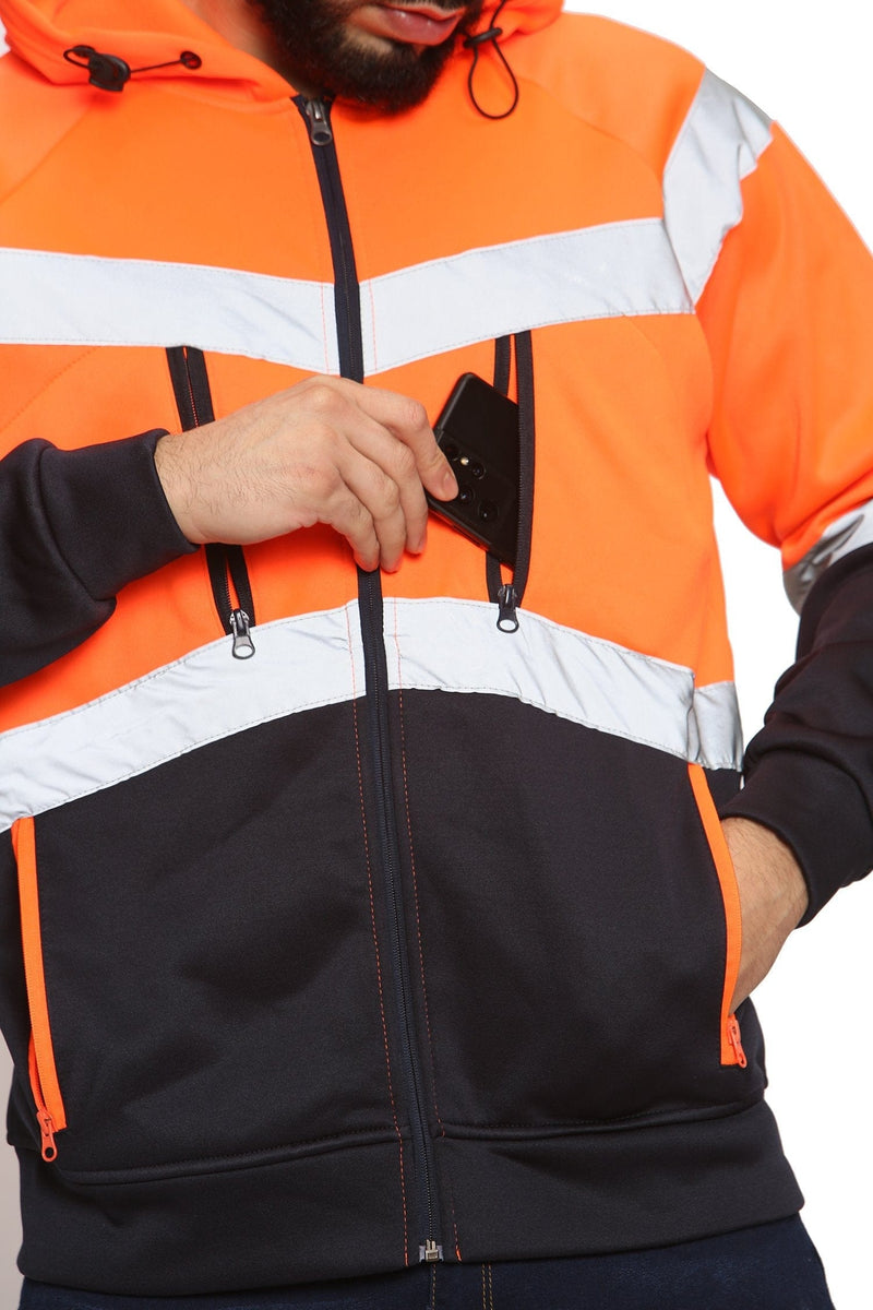 Aviator Work Wear High Vis EN ISO 20471 Class 3 - Orange/Navy 4 Pockets Zipper Hoodie